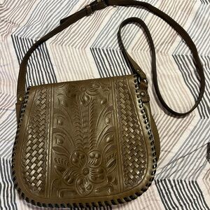 Brown-Olive green Leather Crossbody Bag